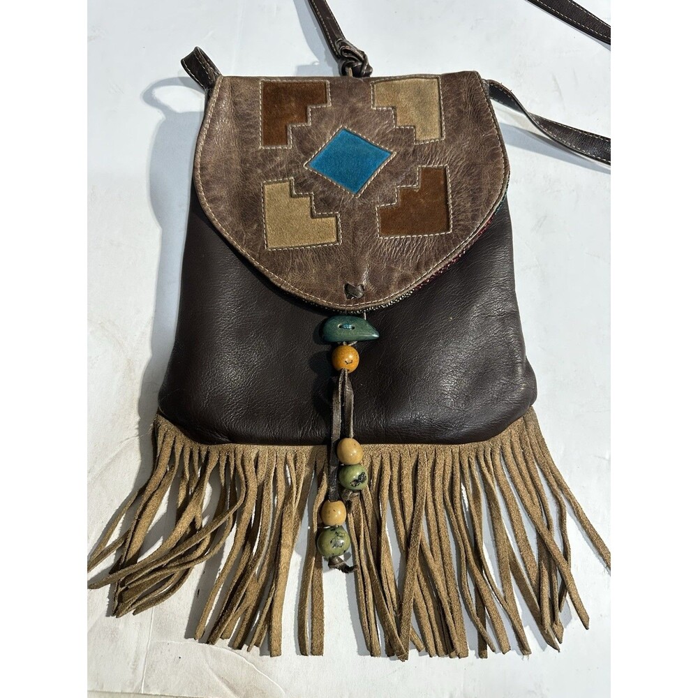 Southwestern Leather Fringe Boho Patchwork Crossbody Leather Purse Turquoise